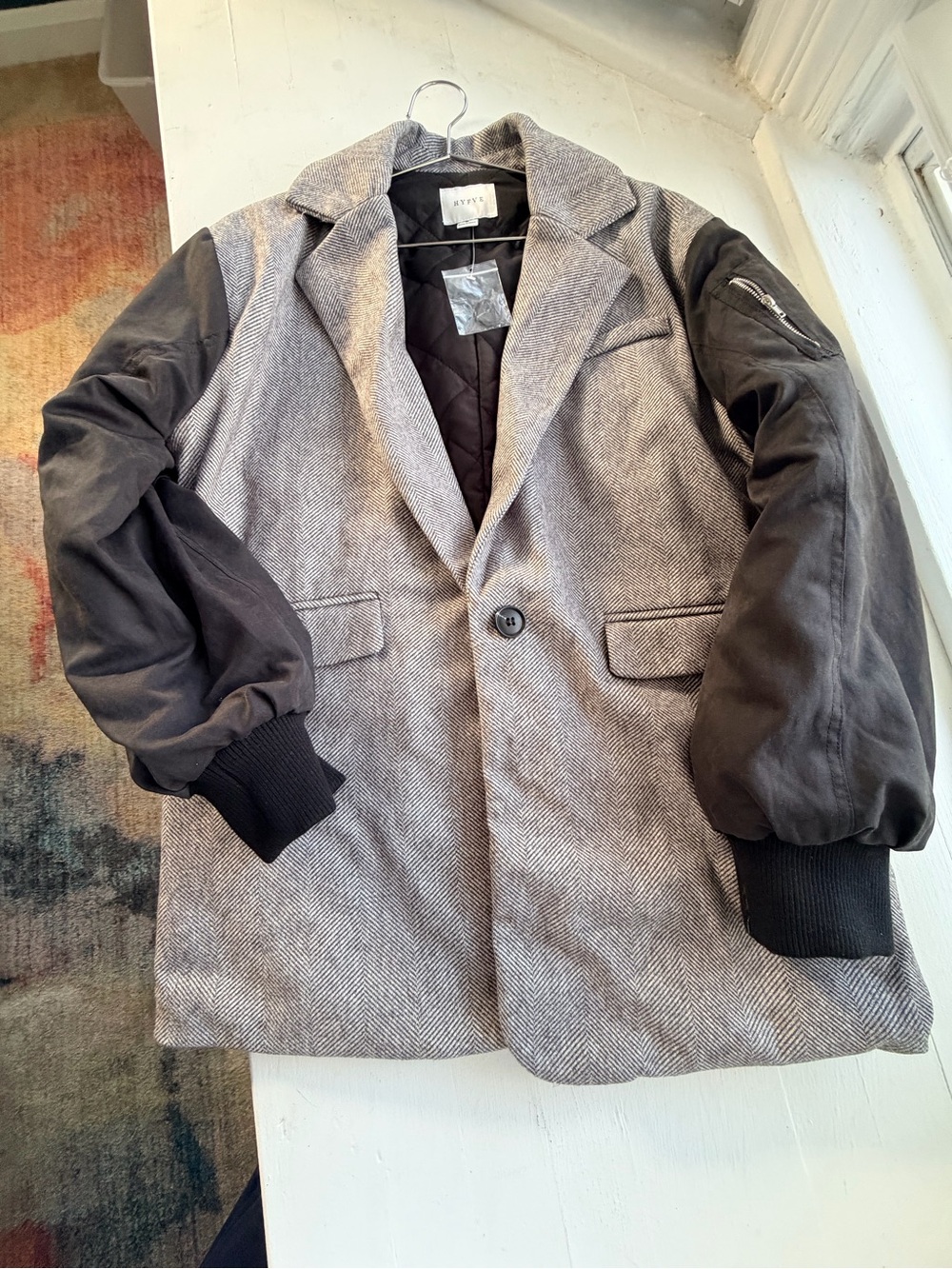 Herringbone Gray Bomber-Style Jacket with Black Sleeves